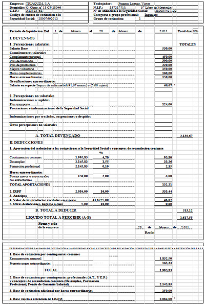 Confección del recibo de salarios correspondiente al mes de febrero de 2011