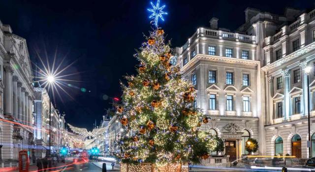 Jurisprudecia. Calle de una ciudad de noche y un árbol de navidad en primer plano