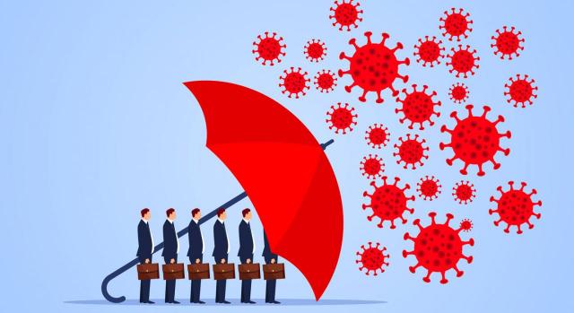 Guía de preguntas frecuentes. Dibujo de un enorma paraguas rojo protegiendo del coronavirus a una fila de trabajadores