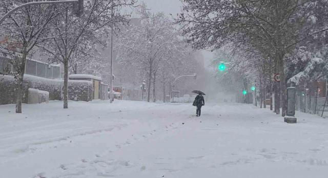 Imagen de la calle con una gran nevada donde se ve a una persona con paraguas
