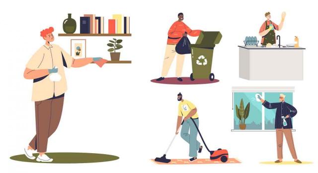 Dibujos de varias escenas de hombres realizando tareas domésticas