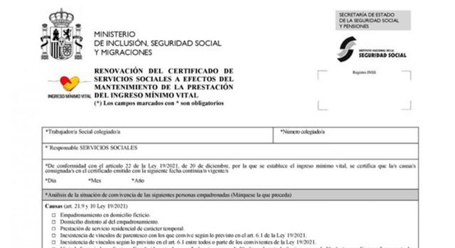 Ingreso mínimo vital: modelos de certificados. Imagen de un modelo del Ministero de Inclusión, Seguridad Social y Migraciones