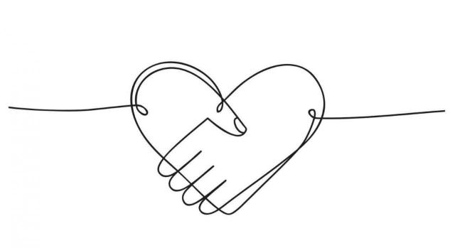 Dibujo de dos líneas opuestas que se juntan en el centro formando un corazón con dos manos unidas