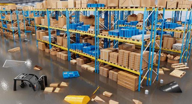 Aplazamiento de cuotas y nueva prestación por cese de actividad para autónomos y empresas. Almacén inundado con cajas de cartón, cajones y barriles flotando en el agua 