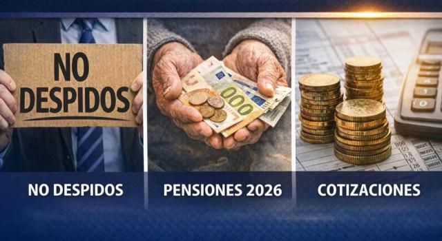 RDL 2/2026 y RDL 3/2026 tras la no convalidación del RDL 16/2025. Imagen de una imagen en la que aparece un cartel de no despidos, pensiones 2026 y cotizaciones