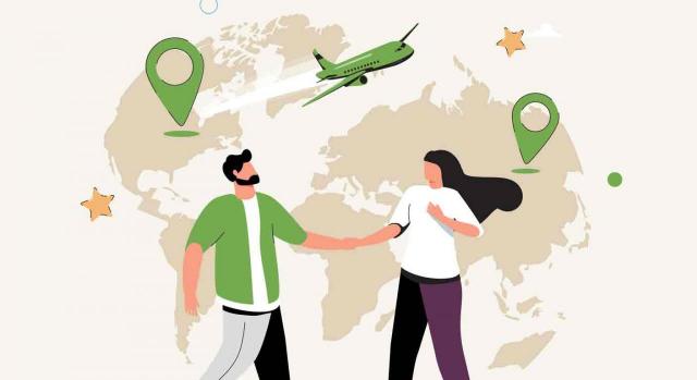 Diguno de una pareja de la mano, al fondo un mapa del mundo con dos localizaciones marcadas y un avión sobrevolando