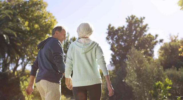 Acuerdo pensiones. Una pareja senior pasean de la mano por un parque