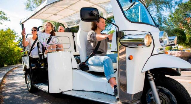 Lo que procede no es desestimarla, sino suspender su tramitación. Imagen de turistas conduciendo un tuk tuk eléctrico