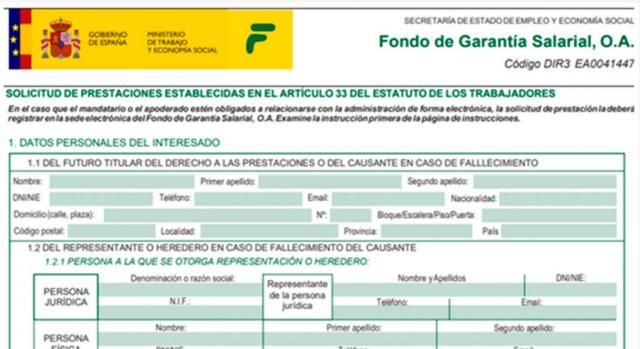 Solicitud prestaciones FOGASA: nuevo modelo en vigor el 1-12-2023. Imagen de formulario para solicitud de prestaciones