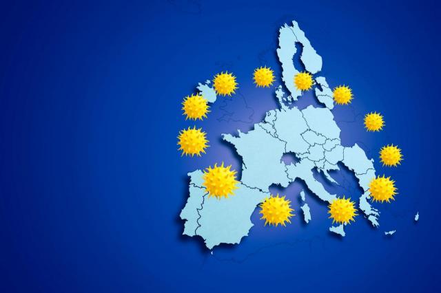 Símbolo del covid sobre el mapa de Europa como si fueran las estrellas de la bandera de la UE