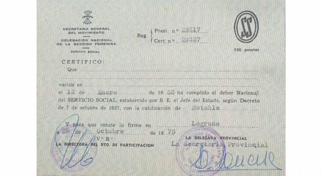 La Ley 24/2022 también perdona determinadas deudas por cotización de los músicos. Imagen de certificado del servicio a la sección femenina