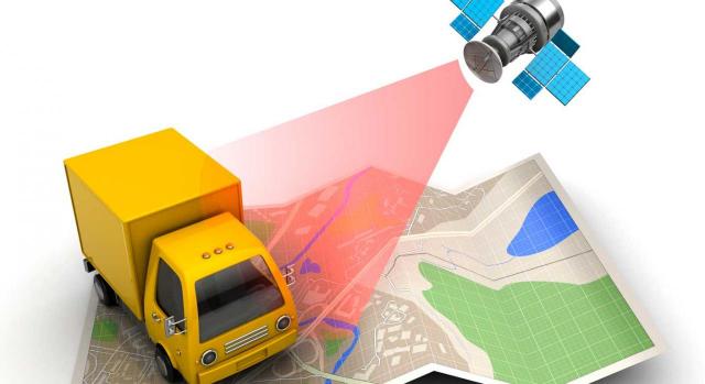 Geolocalizador GPS en un vehículo de empresa. Figura de un satélite gps vigilando un camion sobre un mapa