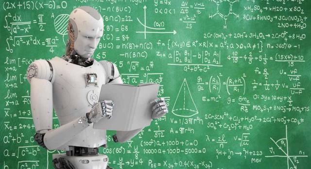 Trabajadores robots. Imagen de un robot soteniendo un libro de espaldas a una pantalla de cálculos matemáticos